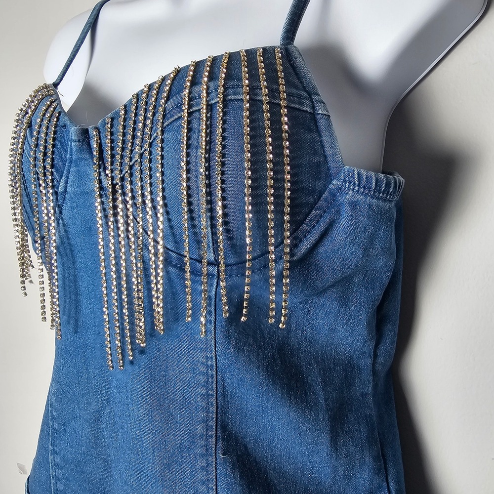 Haute Monde Denim Rhinestone Fringe Corset Bodysuit Blue Cowgirl Western Glam - Picture 2 of 10